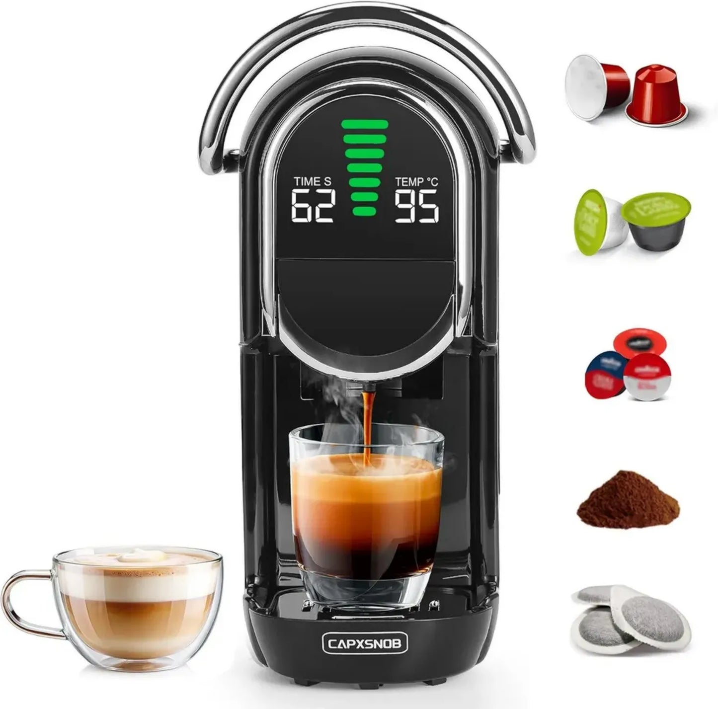 Machine à Café Magician1 5 en 1: Compatible Nespresso, Dolce Gusto, Lavazza, ESE et Moulu, 20 Bars, 1450 W