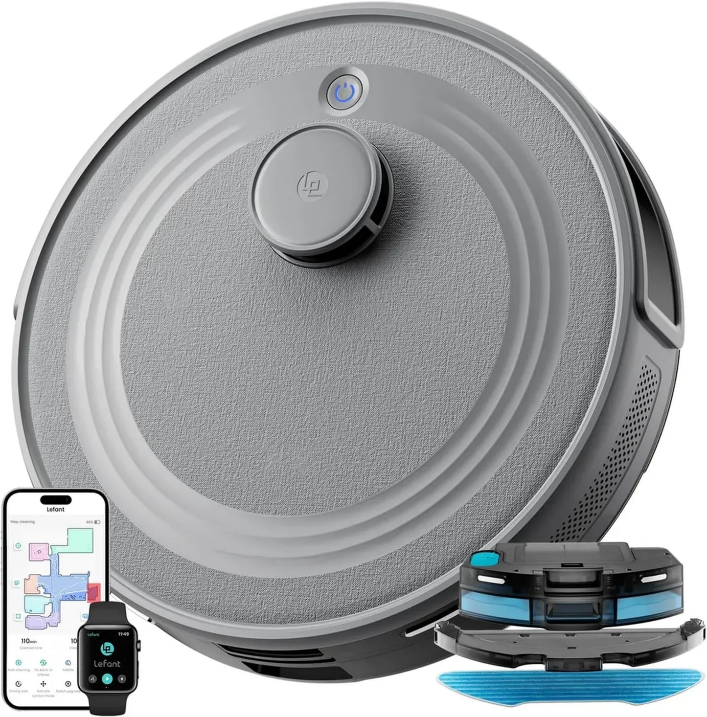 Aspirateur Robot Lefant M2 avec Cartographie Laser et Aspiration Puissante, 160 Min d'Autonomie, Évitement Intelligent des Obstacles, Nettoyage sur Mesure via App/Compatibilité Alexa, Gris
