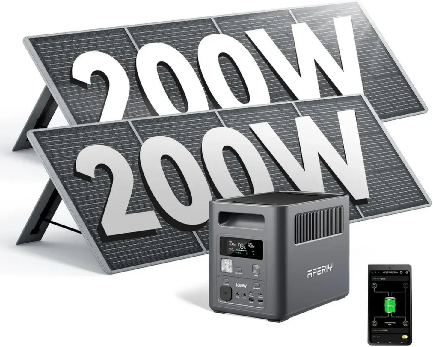 Générateur Solaire Portable AFERIY 1800W avec Batteries LiFePO4 1024Wh et Panneau 200W, Résistant IP65, pour Utilisation Polyvalente