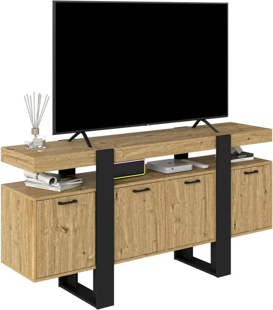 Buffet TV Industriel Noir et Bois avec LED, 160cm, 2 Tiroirs et Portes pour Salon