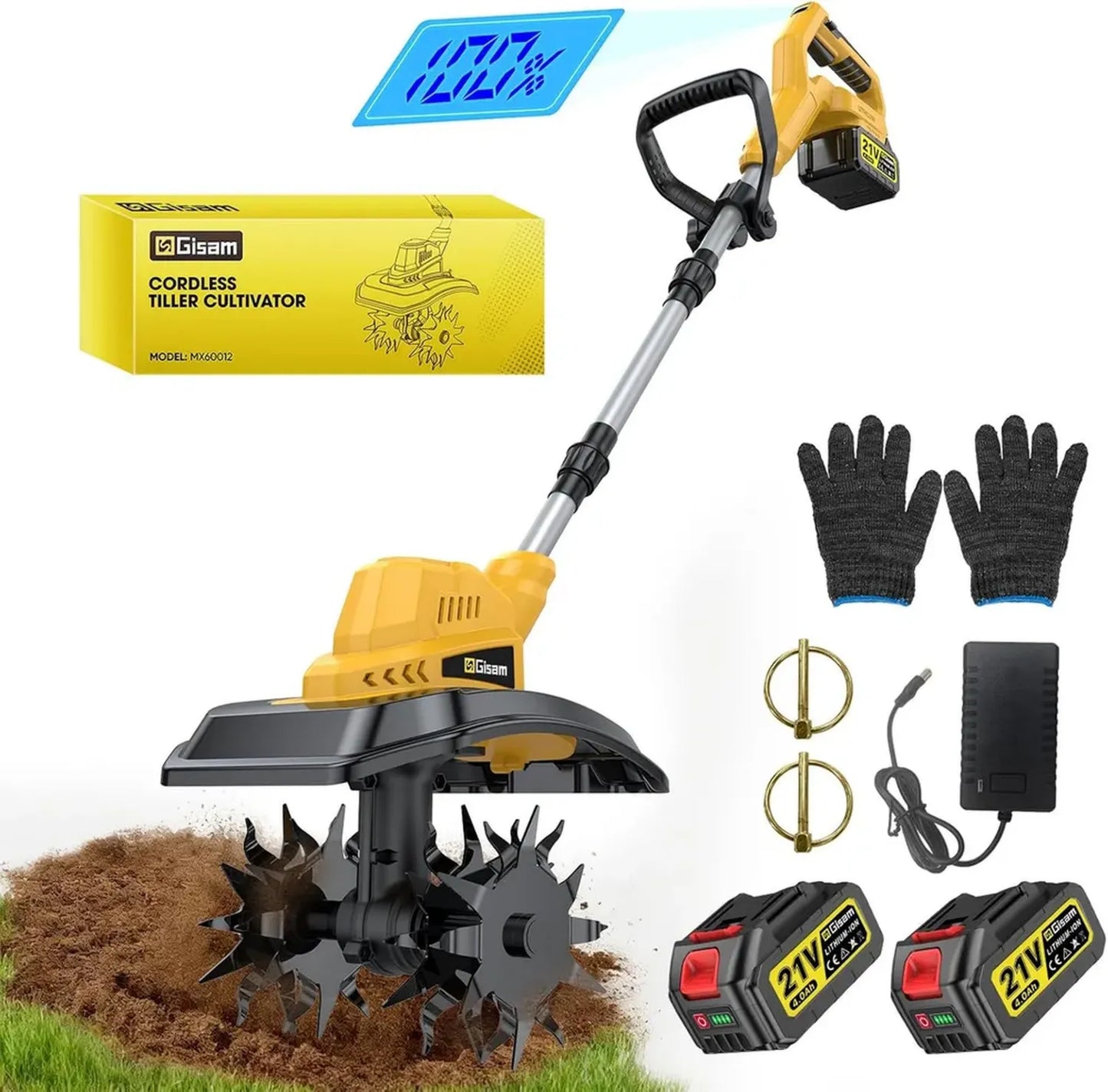 Cultivateur Électrique sans Fil avec Batteries, Moteur Puissant, Largeur 23 cm, Profondeur 21 cm, Motobineuse Pliable pour Jardinage Efficace