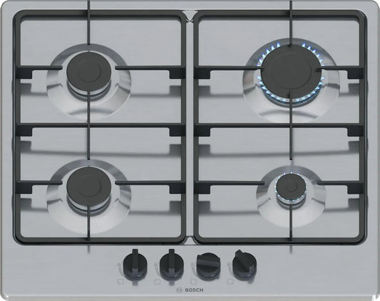Plaque de cuisson gaz Bosch Serie 4, 4 foyers, commande ergonomique, acier inox, 60 cm