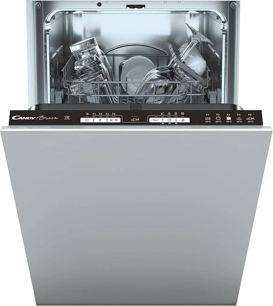 Lave-vaisselle Encastrable Candy Brava 45 cm, 9 Couverts, 5 Programmes, Zoom 32', Silencieux 49 dB, Sécurité Aquastop, Départ Différé, Intérieur Inox, Classe Énergétique F