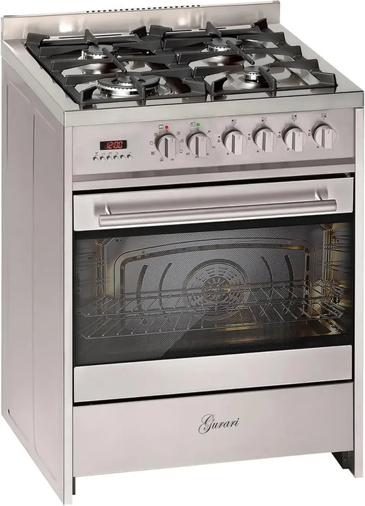 Cuisinière à gaz avec four électrique 60 cm en acier inoxydable - Compatible gaz naturel et propane, 60L Multi-four, 4 kW, Fonction WOK