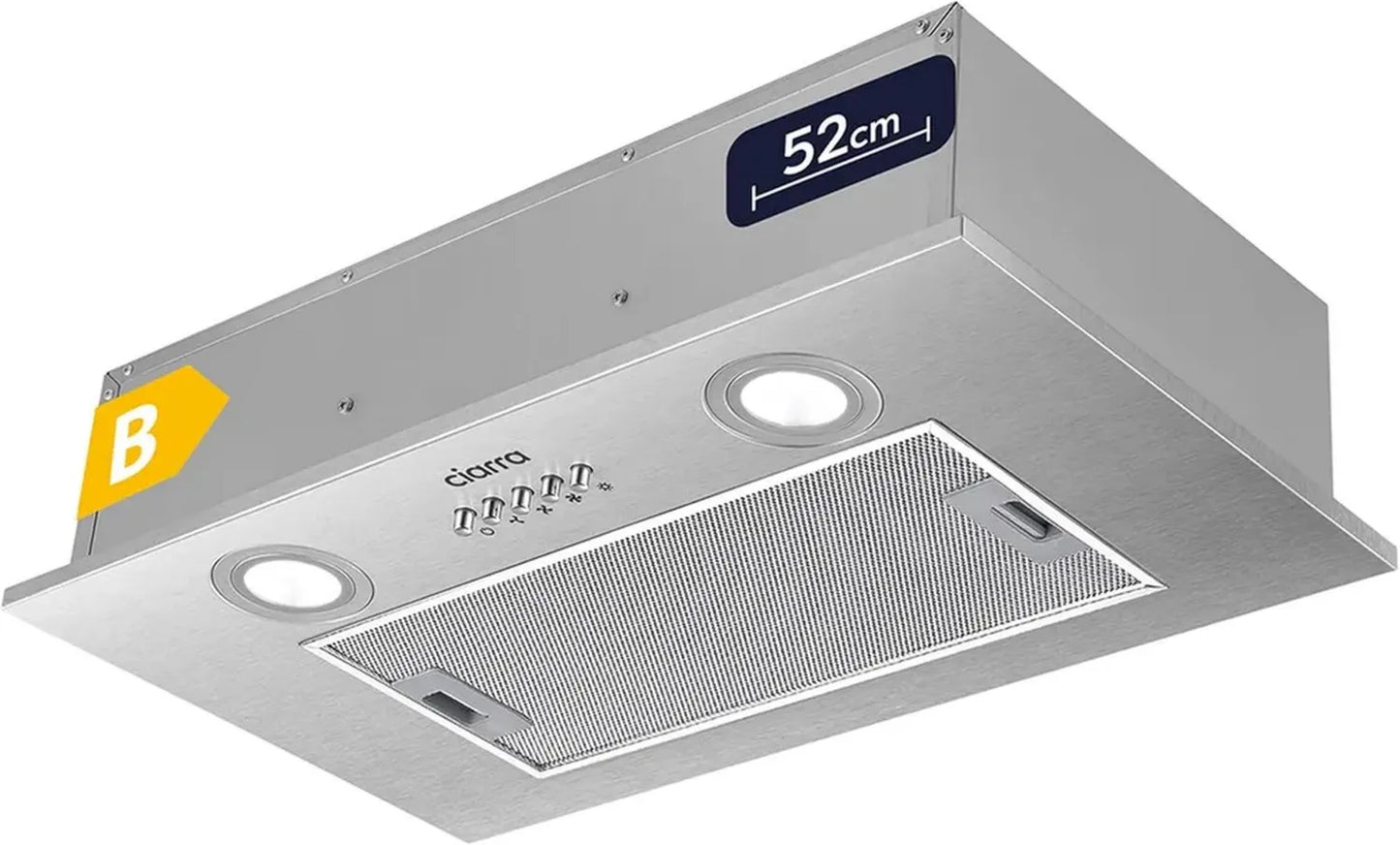 Hotte Aspirante Ciarra Inox 52cm, 300 m³/h, Options Évacuation/Recyclage, 3 Vitesses, Éclairage LED