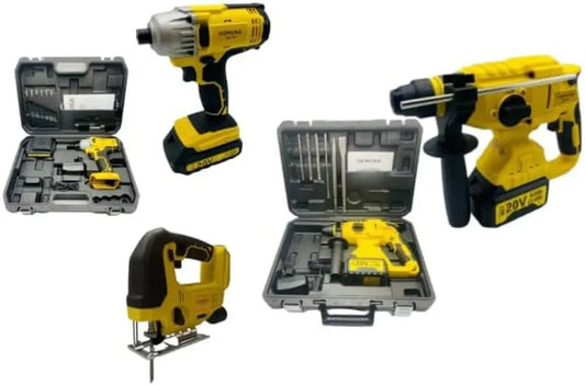 Ensemble 3 Outils Électriques 20V: Visseuse à Chocs, Marteau Perforateur et Scie Sauteuse avec 2 Batteries et Chargeur - Confort Softgrip